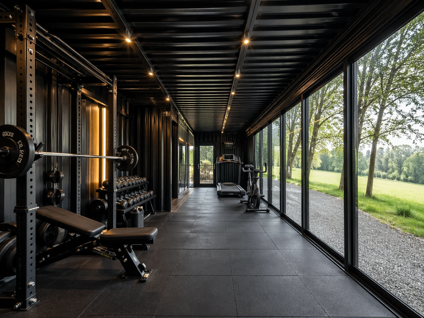 Interior of a KONTEYA container gym with panoramic glazing