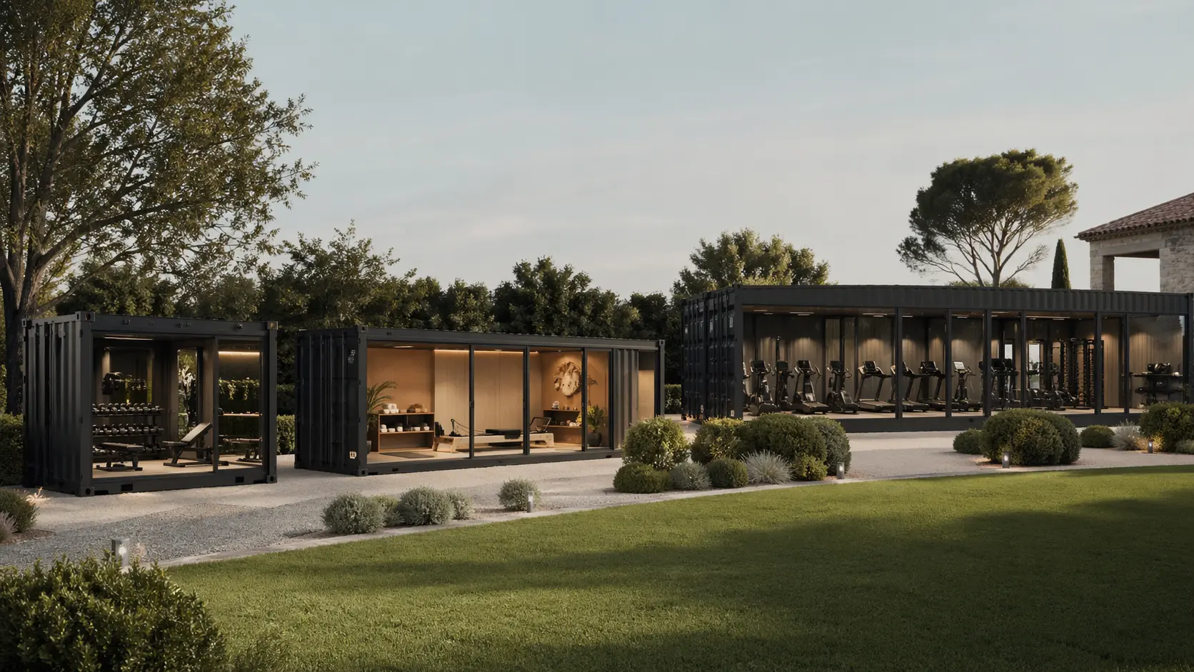 Editorial range view of 20ft and 40ft sports and wellness modules