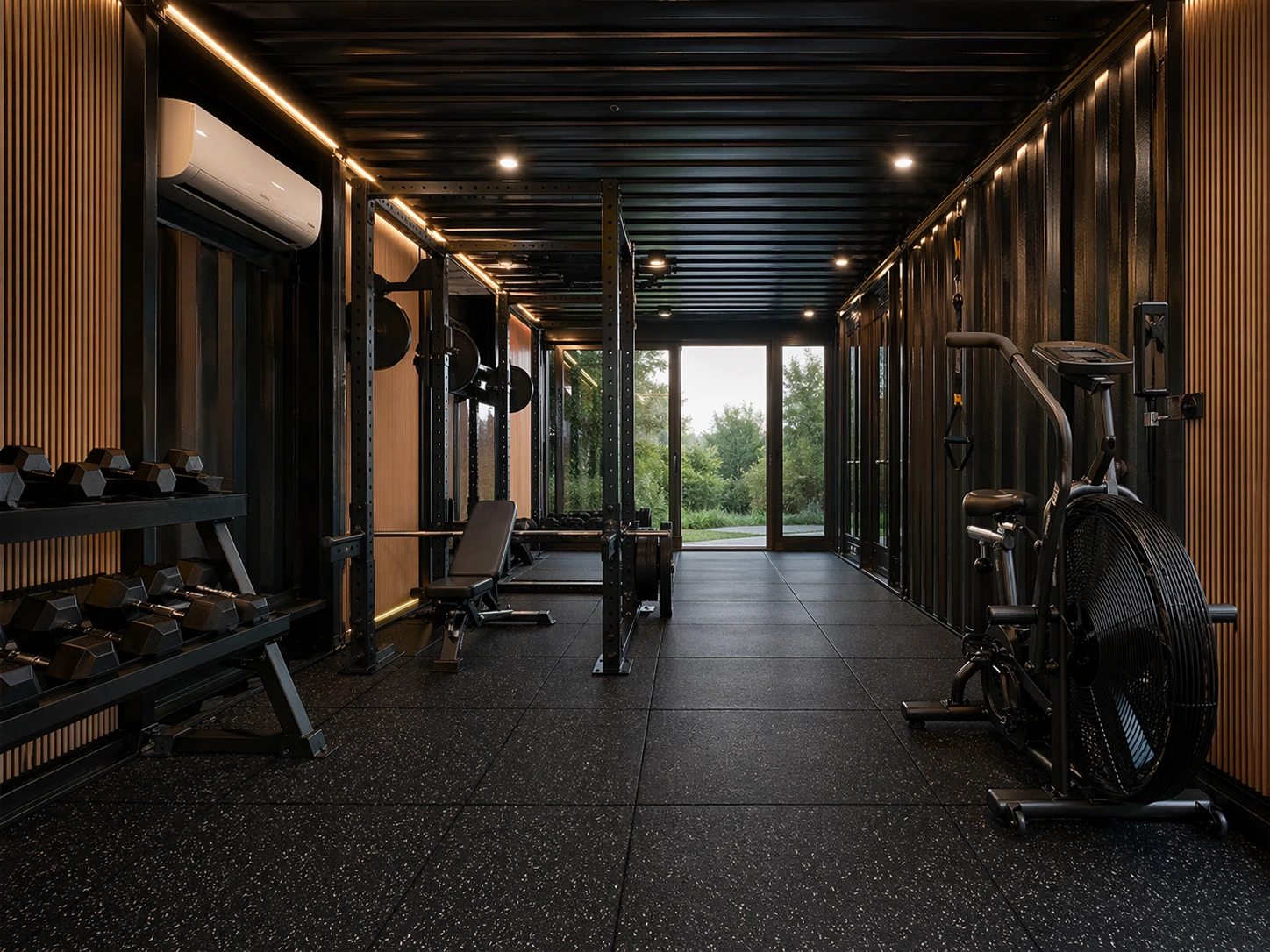 Technical interior details of a premium container gym with anti-vibration flooring